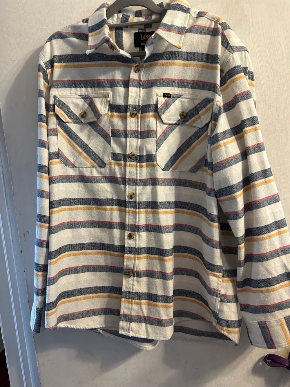 Lee Flannel Striped Button-Front Shirt Jacket in White, Navy & Mustard